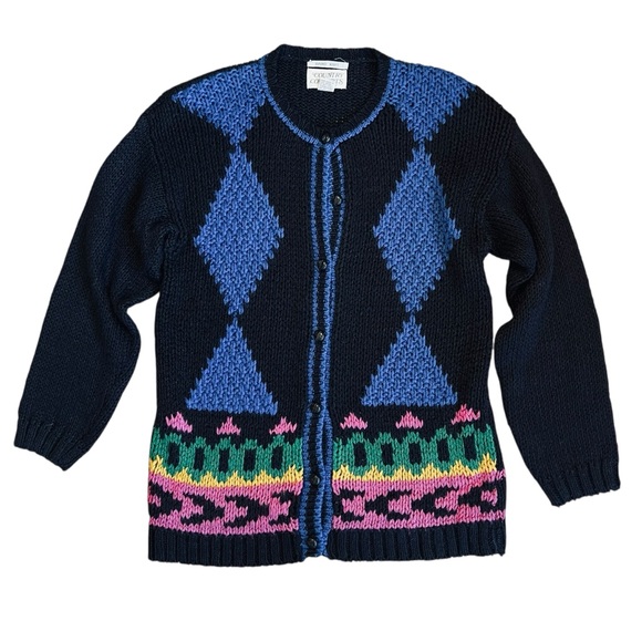 Country Concepts Vintage 80s Sz M Black Neon Cardigan Sweater Hand Knit V-Neck - Picture 1 of 13